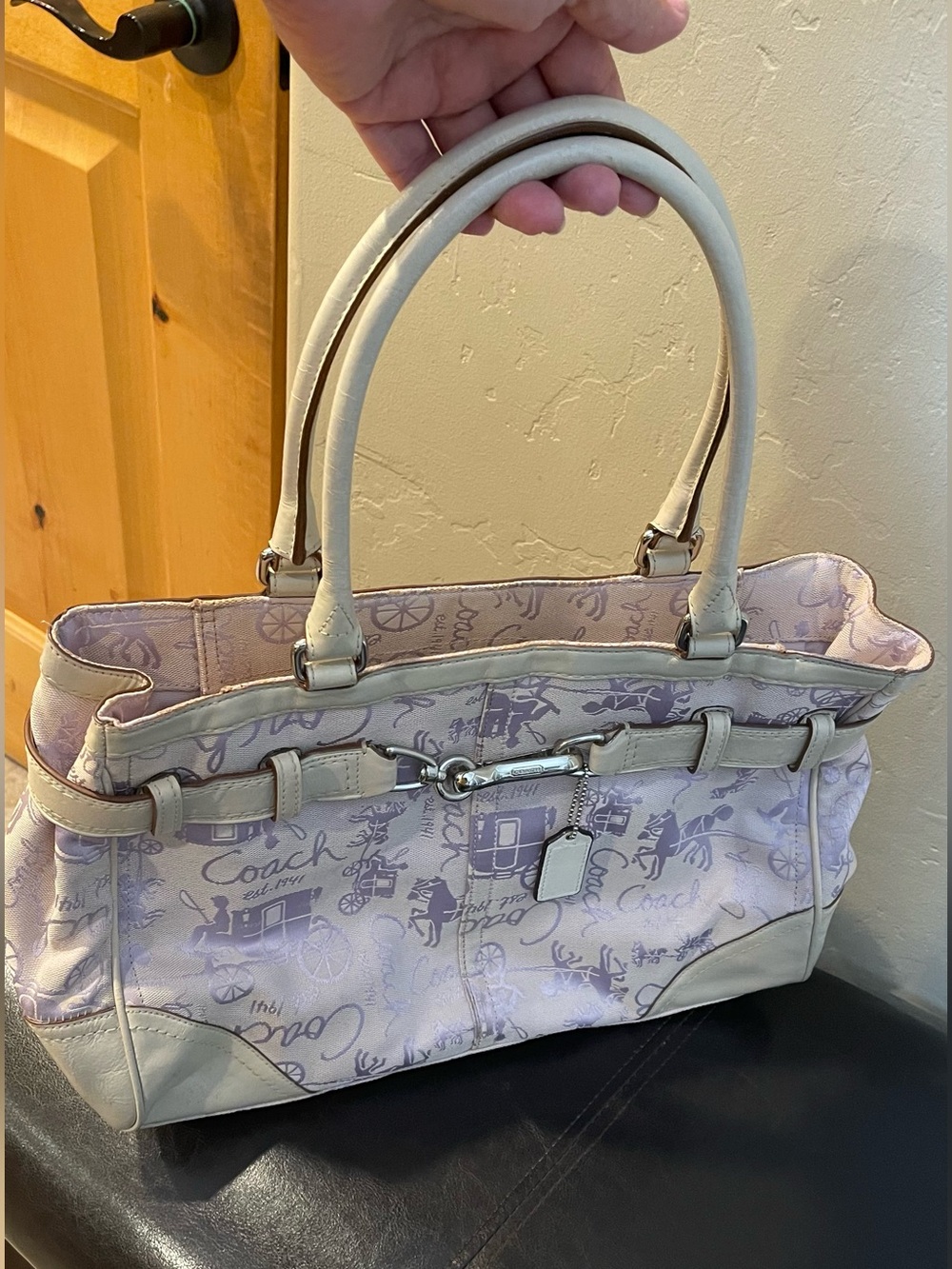 Coach Lavender purple Signature Canvas Shoulder satchel Bag Cream horse carriage